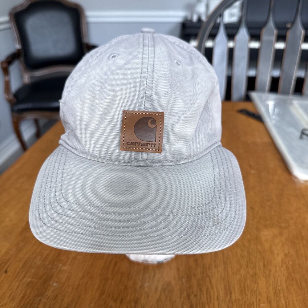 Carhartt Workwear Strap Back Light Grey Leather Logo Hat / Cap Adjustable